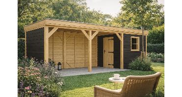 Blokhut Novo 250x250 cm met overkapping 500x250 cm Douglas met vuren wanden zwart (Incl. EPDM)- - - YARD Outdoor